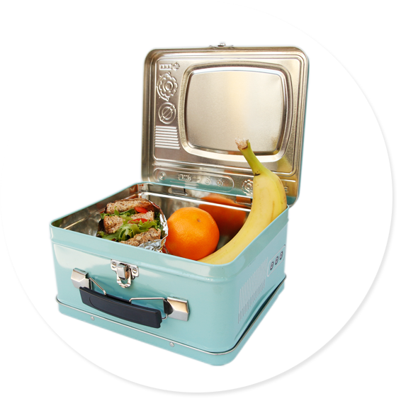 blue tv lunchbox open with packed lunch