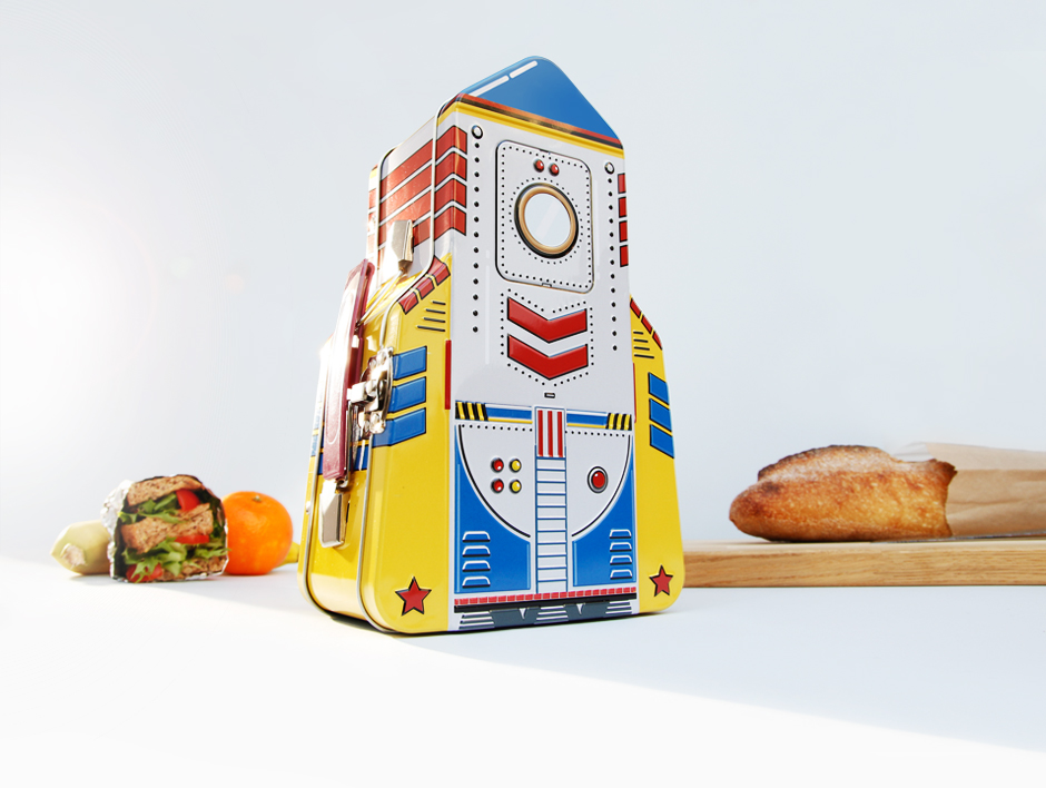 Rocket lunch box in kitchen with bread and packed lunch
