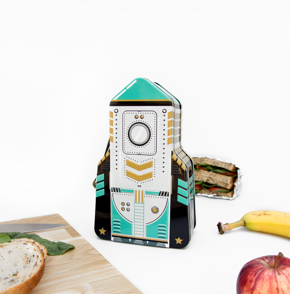 Green black and gold tin rocket lunchbox