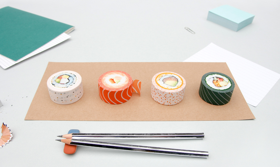 Sushi washi tape on a desk with pencil chopsticks
