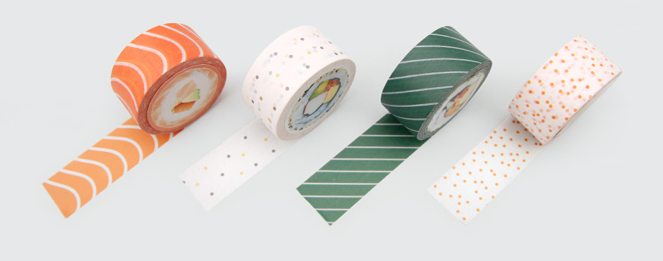 Sushi tapes rolled out in a row
