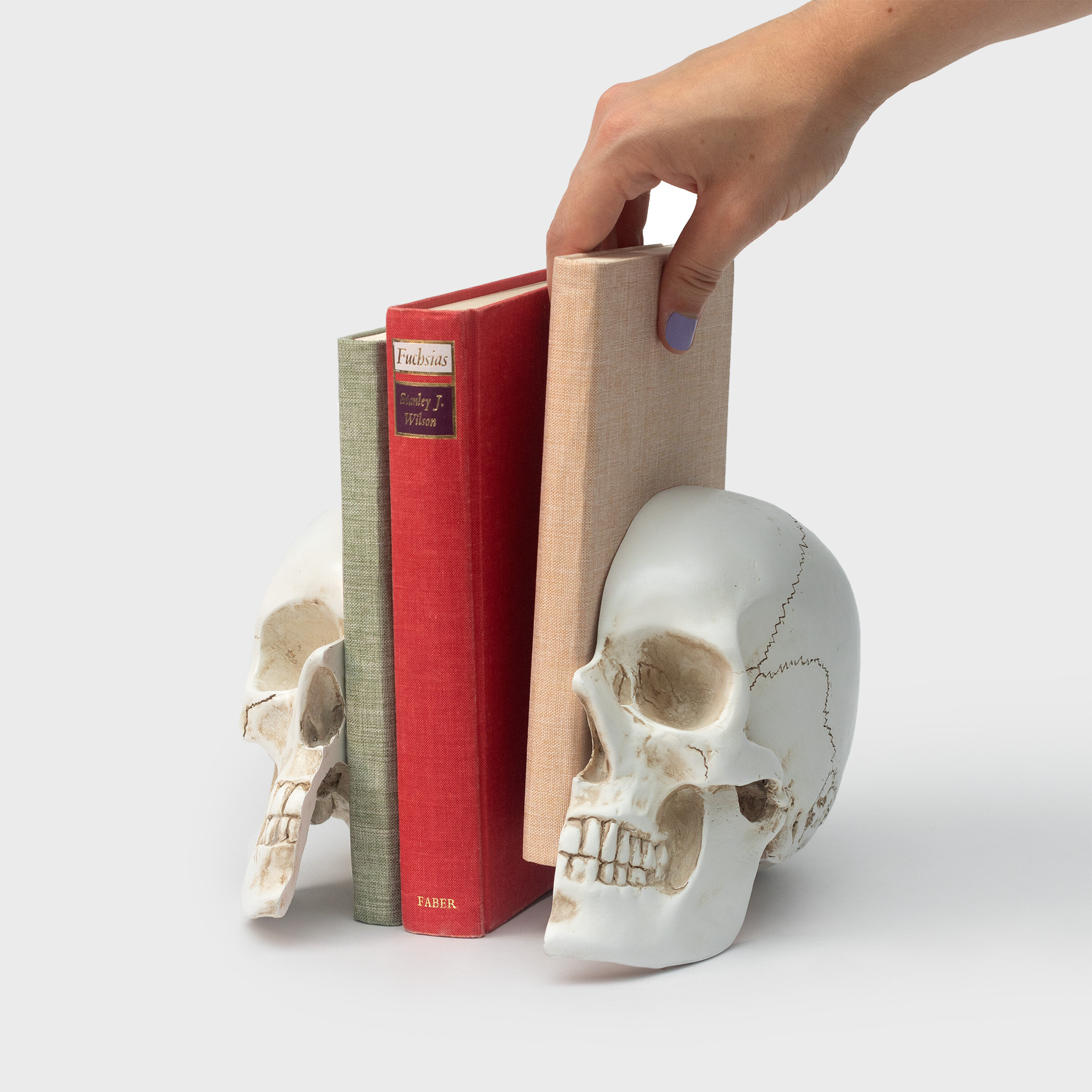 hand picking book from between skull bookends