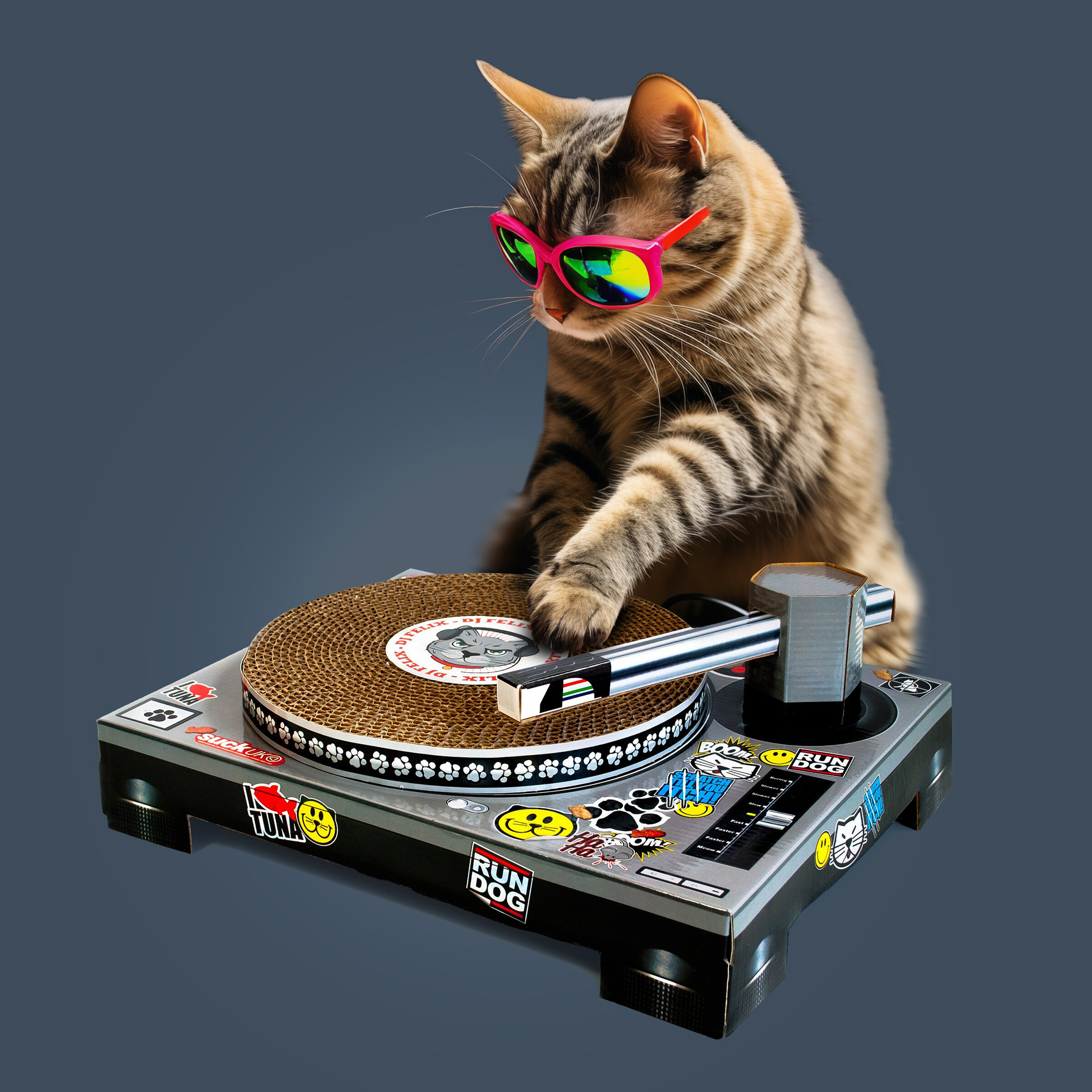 A cat spinning discs at a nightclub