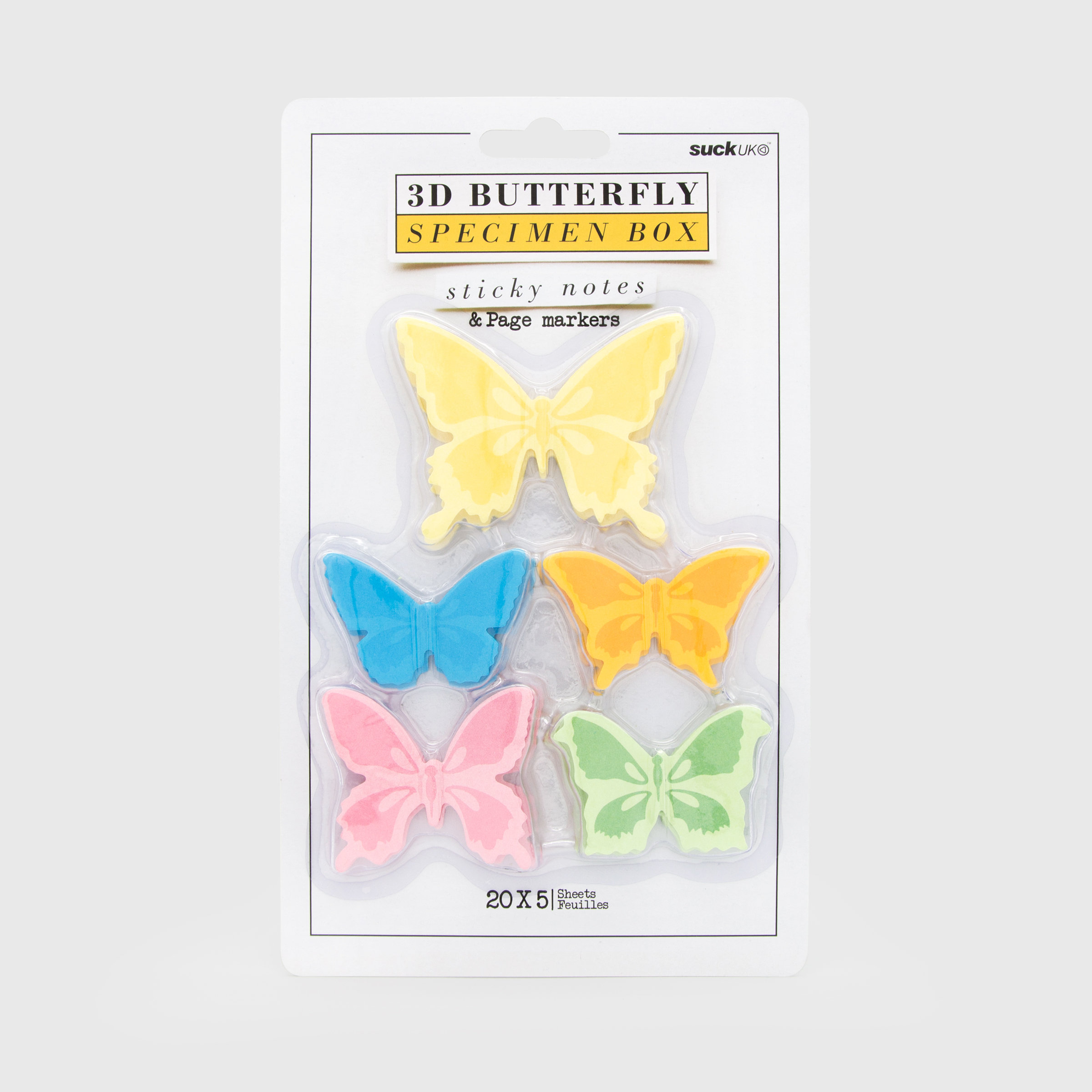 Butterfly sticky notes in specimen box style packaging