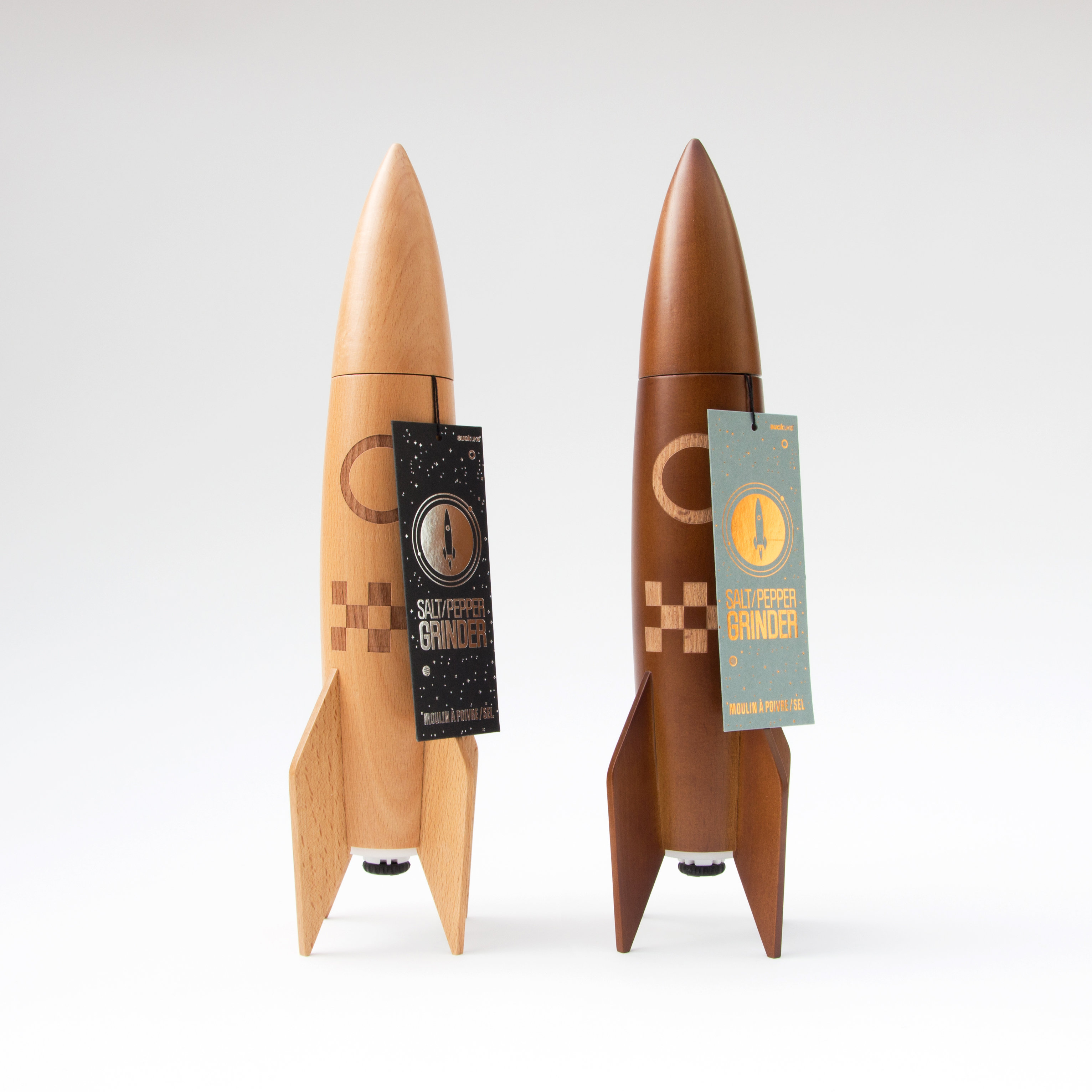 Rocket salt and pepper grinders with tags