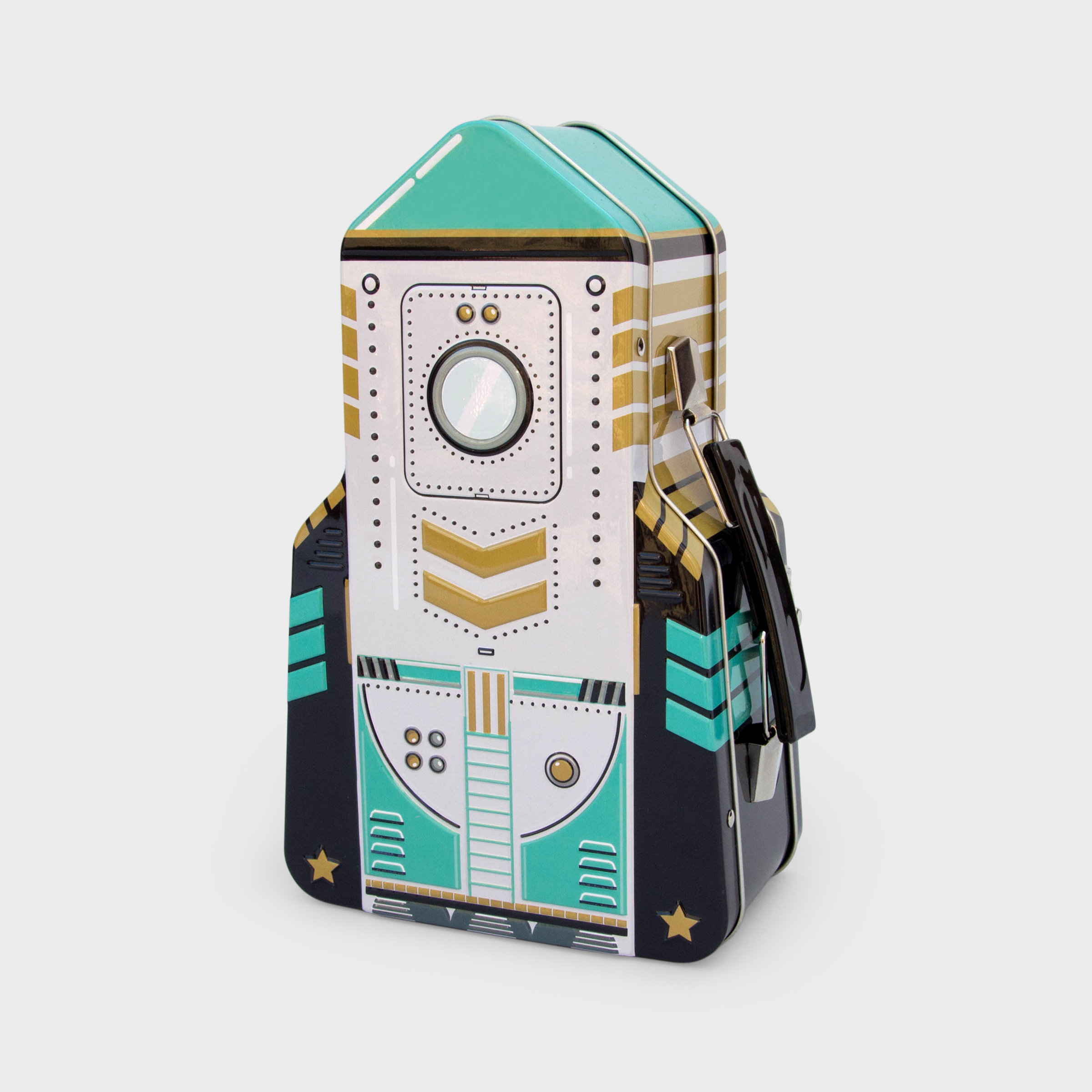 Tin rocket lunchbox in green gold and black