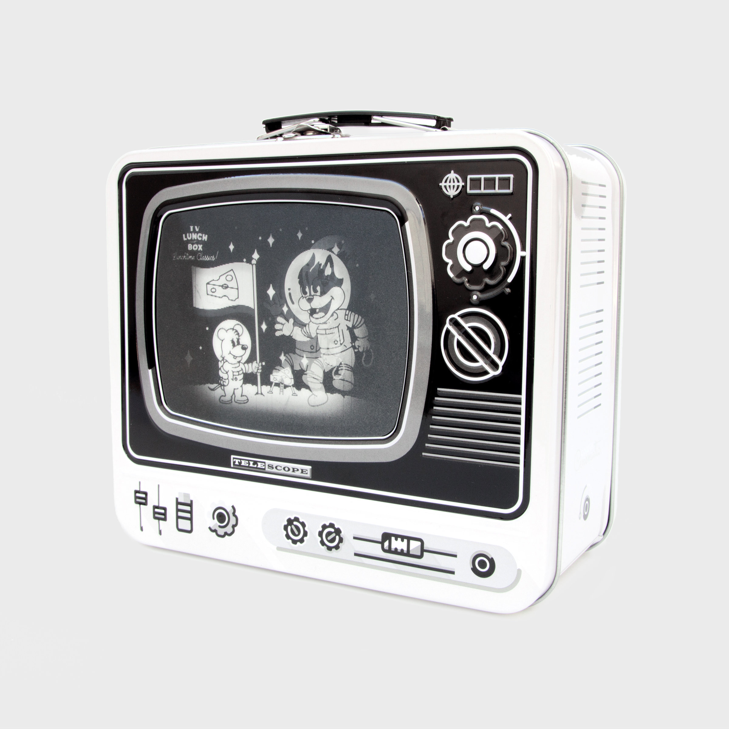 Tin TV lunchbox in white with magic screen