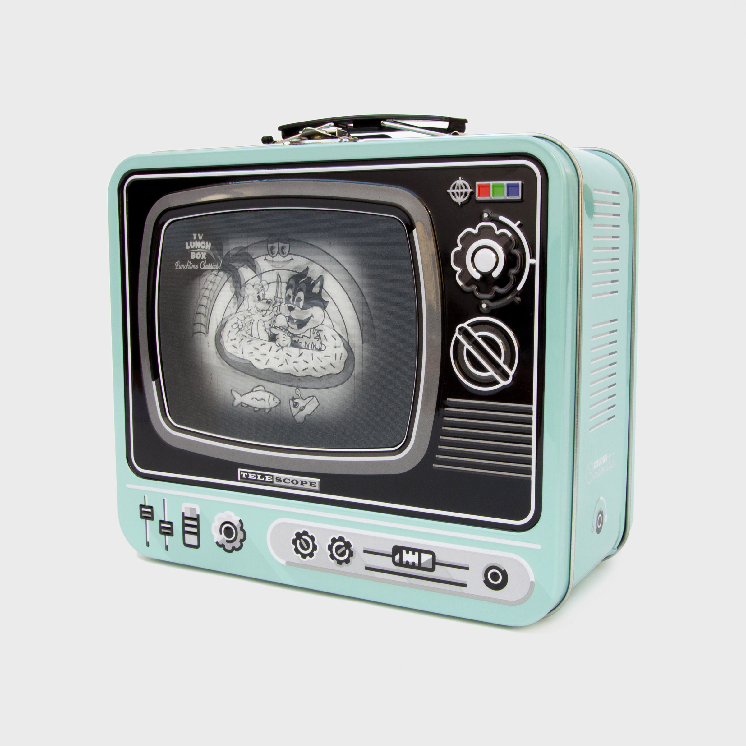 Tin TV lunchbox in blue with magic screen