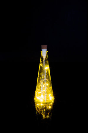 String of LED lights in an empty glass bottle