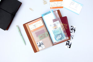 Leather travel book from above with tickets