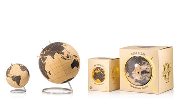 cork globe packaged in front of white background