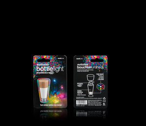 Multi-colour rechargeable Bottle Light packaging - shown on black background.