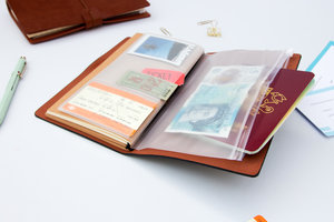 Leather travel notebook with pockets for tickets and passports