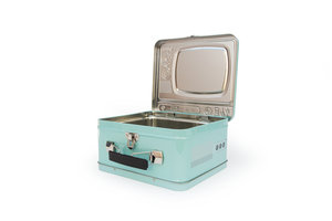 Blue TV Lunchbox open on a white background