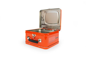Orange TV Lunchbox open on a white background