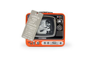 Orange TV Lunchbox on white background with tag