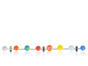 Solid metal coat rack with colourful wooden planets that is mountable to wall by screws