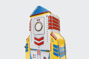 Tin rocket lunchbox in blue red and yellow
