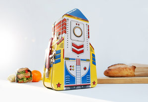 Colourful rocket shaped metal lunchbox for kids