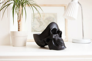black skull storage on white table