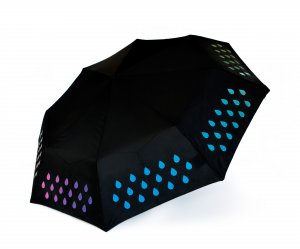 Black umbrella. Changes colour when in rains. Showing the colourful pattern revealed when it gets wet.