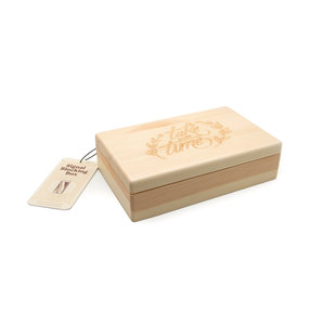 Wooden box and signal blocking bag with tag on white background
