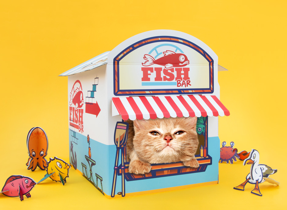 Cardbaord cat kiosk with toys