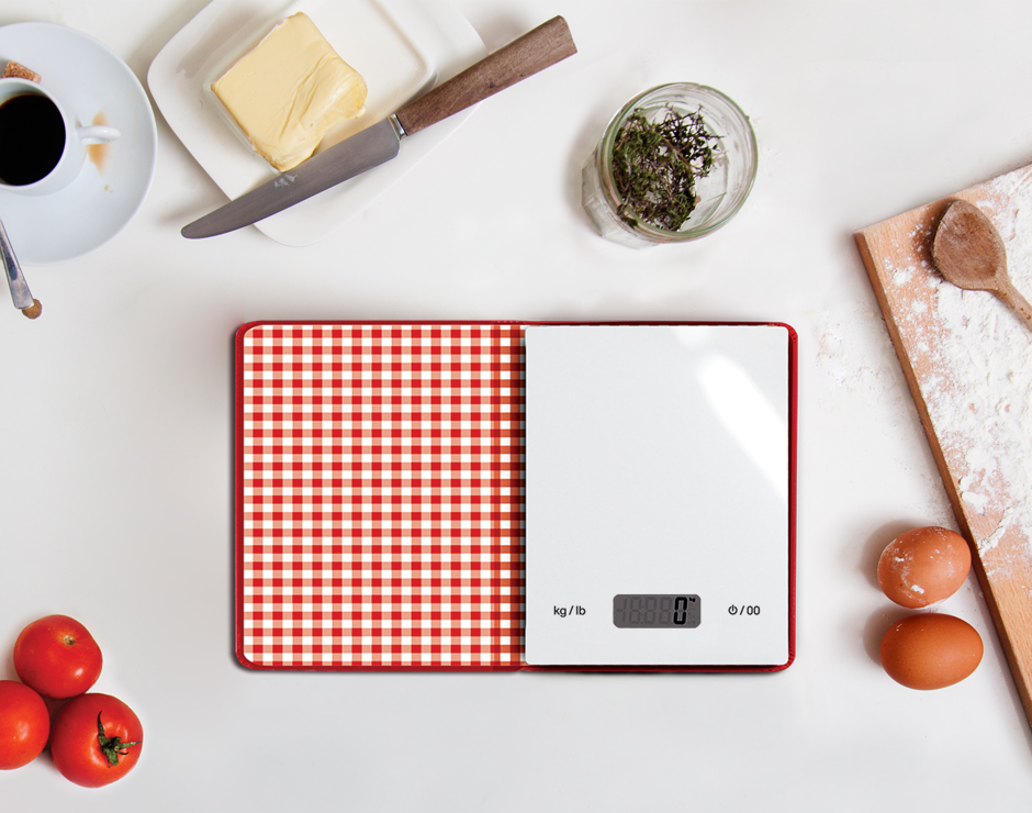 Cooks book scales on kitchen work top