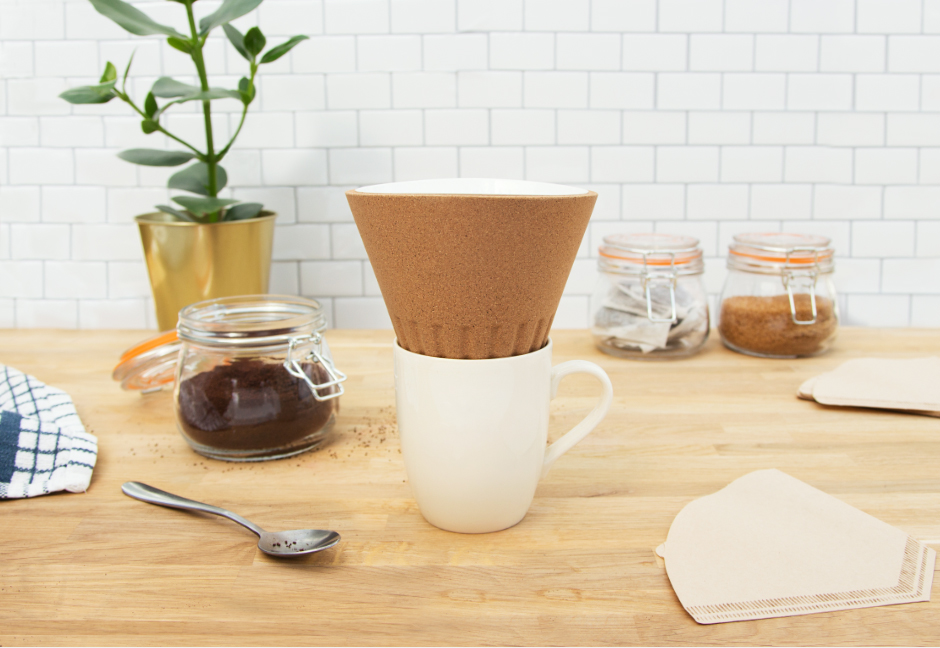 Cork coffee dripper on a mug in kitchen