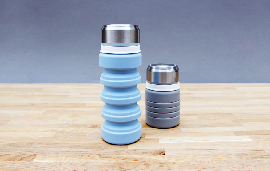 Collapsible silicone water bottles.