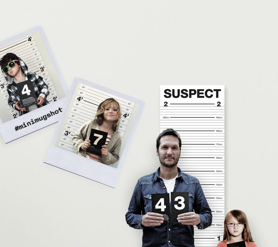 Mugshot Height Chart poster and polaroids