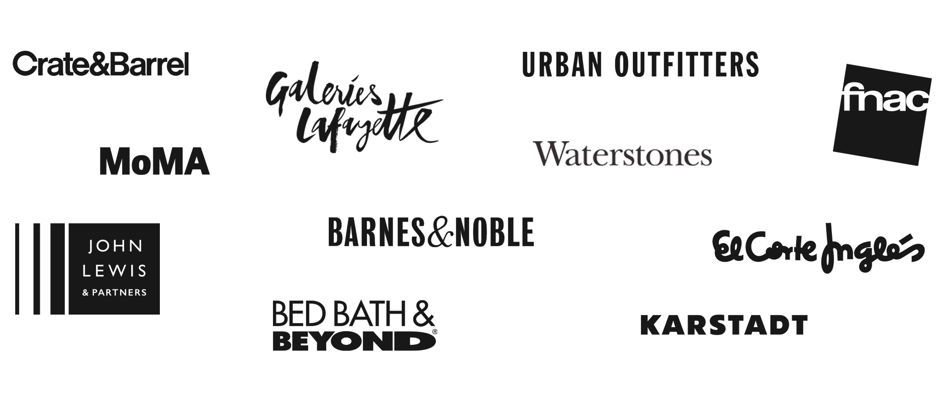Crate&Barrel - MoMA - Galeries Lafayette - Urban Outfitters - fnac - Waterstones - John Lewis - Barnes & Noble - El Corte Ingles - Bed Bath & Beyond - Karstadt 