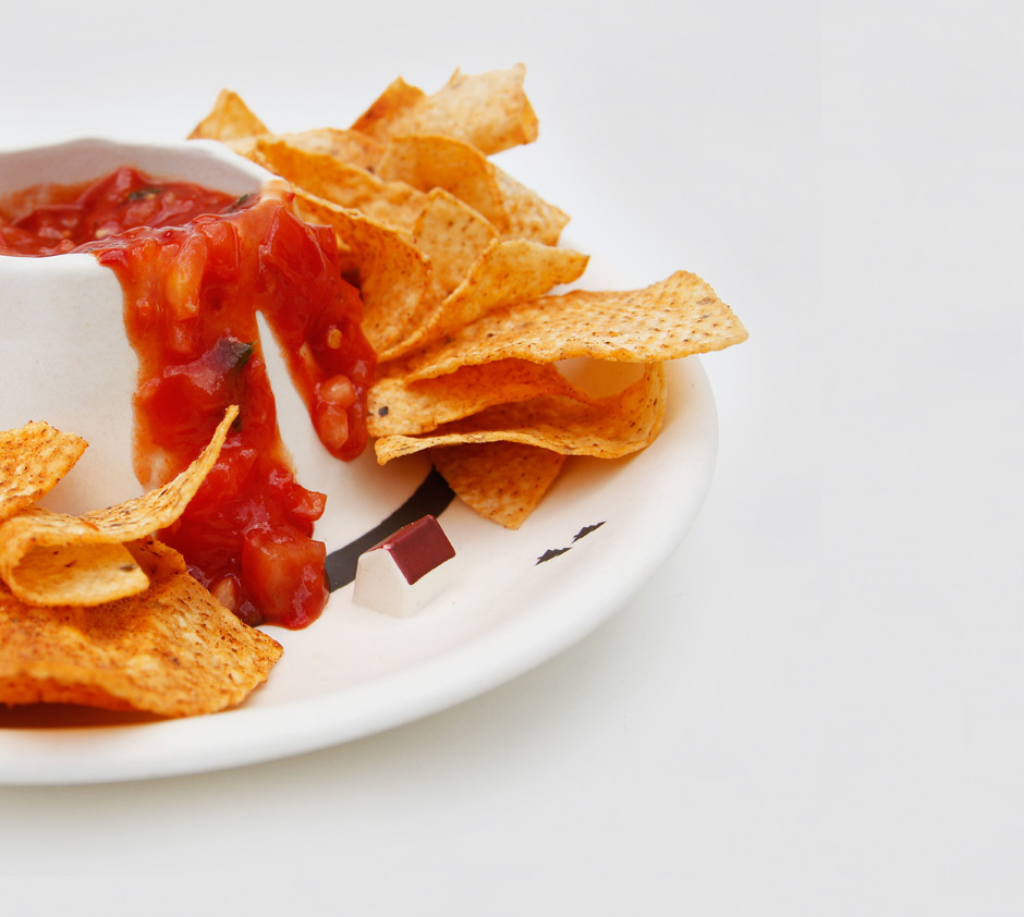 Volcano Dip Bowl close up with erupting salsa