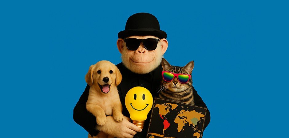 Hero image featuring a chimpanzee wearing sunglasses and a bowler hat, holding a smiling puppy, a yellow smiley-face lightbulb, and standing next to a cool cat in rainbow sunglasses holding a scratch-off world map – all set against a bright blue background.