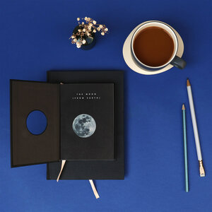 moon notebook, black, space, orbit, square grid, paper, drawing, lifestyle