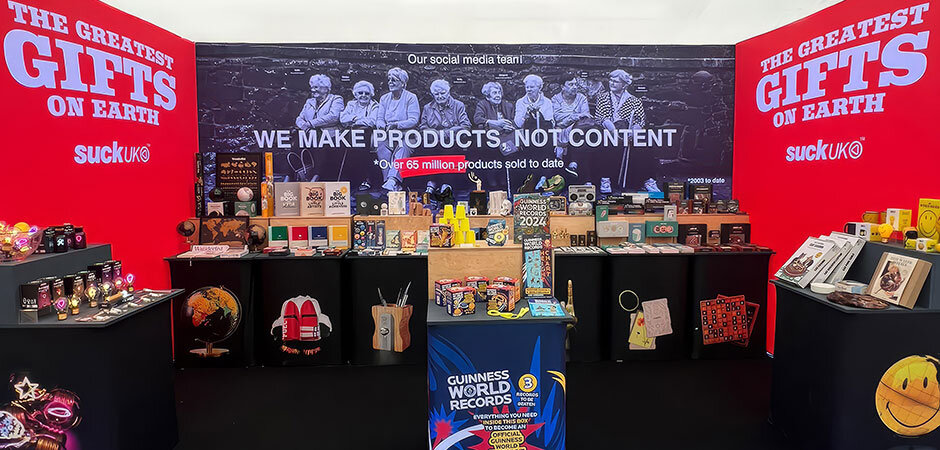 SuckUK stand at Harrogate Home & Gift Festival showcasing innovative gifts, best sellers, and award-winning products.