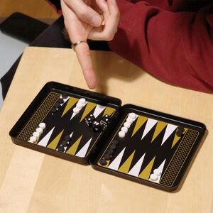 Backgammon Travel Game Tin Dice Gold Iron and Glory