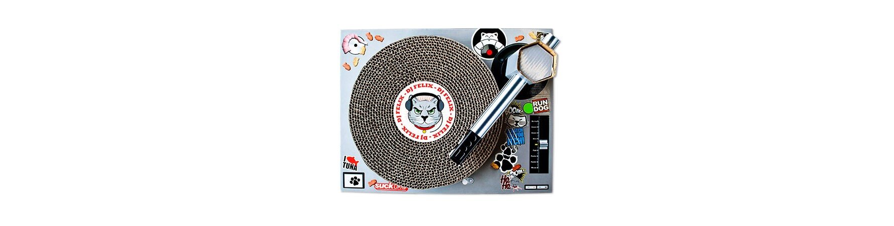 Top view of the Suck UK Cat Scratch Turntable - cardboard cat scratching toy shaped like a DJ deck with a scratch platter and poseable tone arm.