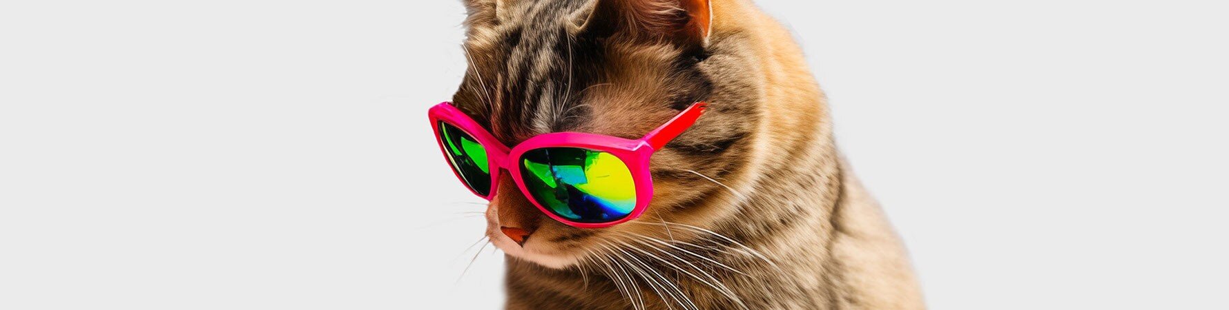 Cool tabby cat wearing bright pink sunglasses, photographed against a light background - promotional image for the Suck UK Cat Scratch Turntable gift.