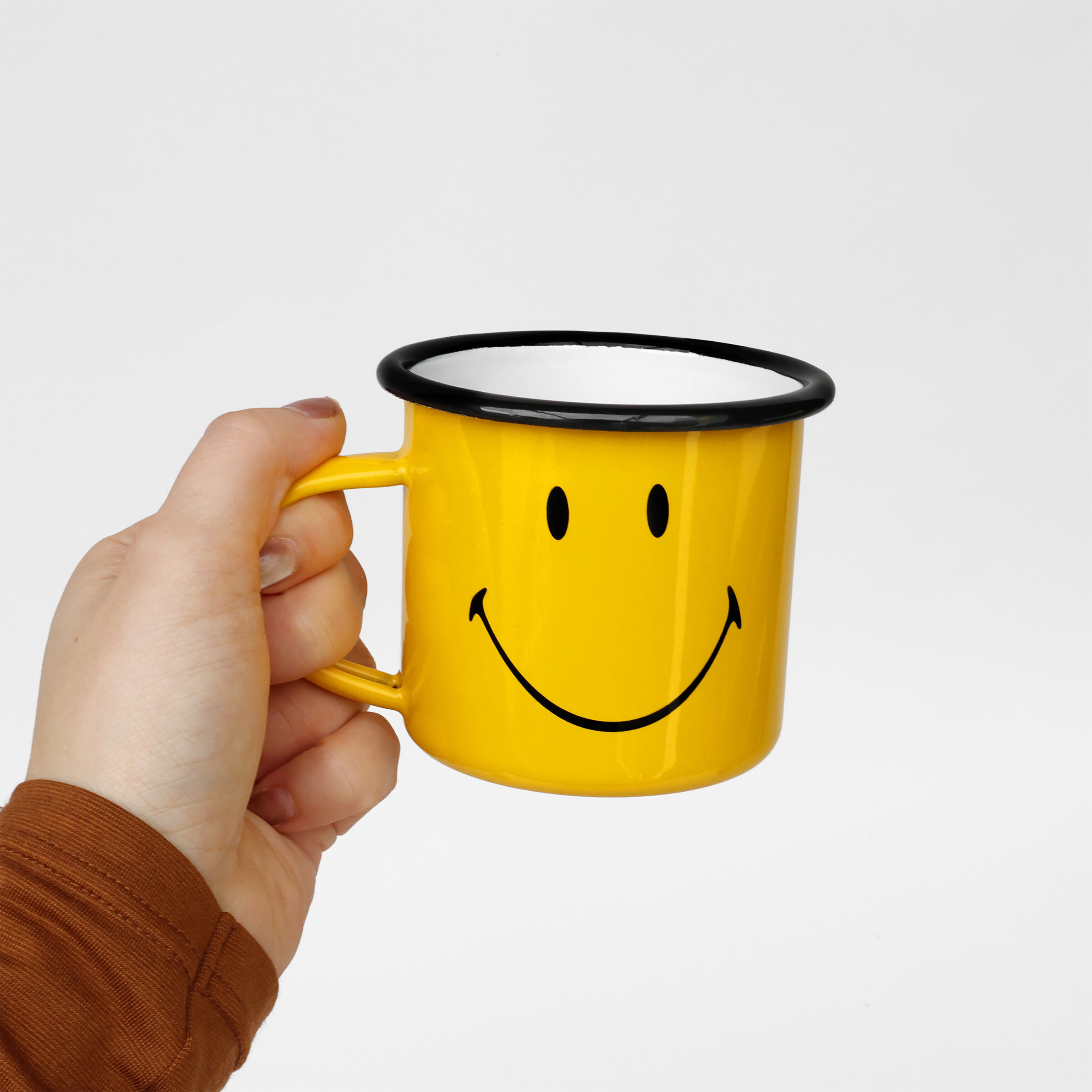 smiley happy camper enamel mug