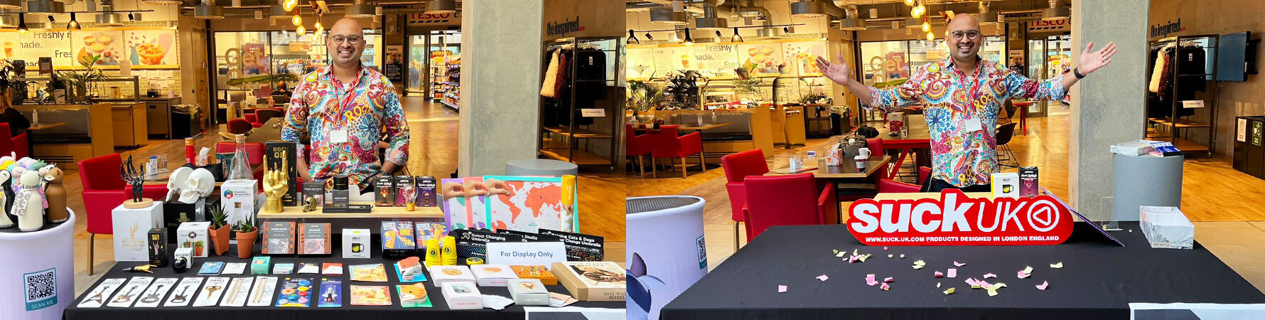 SuckUK team member standing behind the gift display table at Tesco HQ Black Friday showcase.