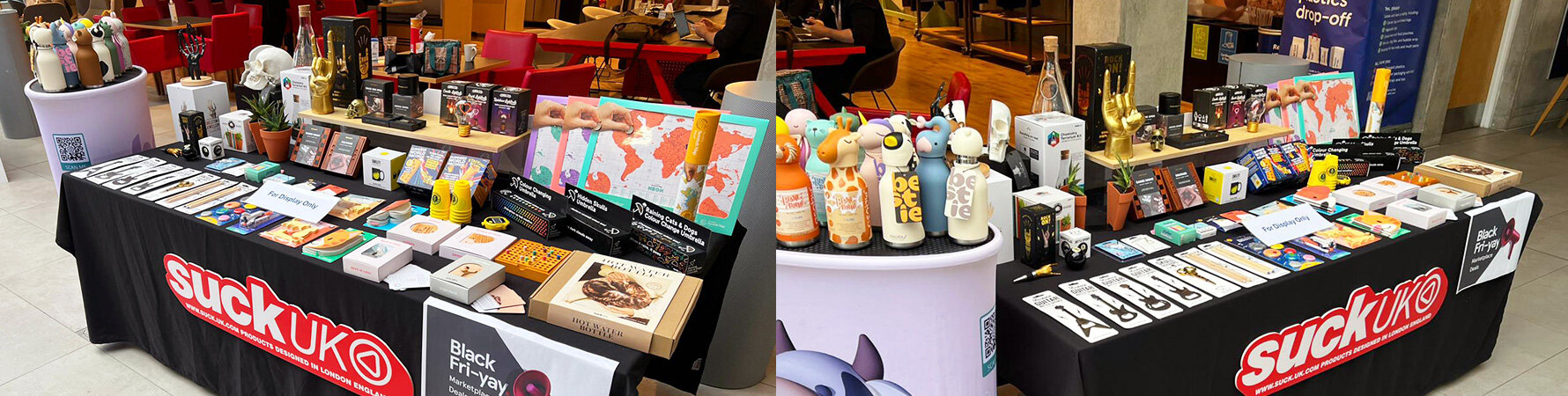 SuckUK gift display table at Tesco HQ Black Friday showcase featuring creative and design-led gifts.