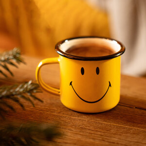 smiley happy camper enamel mug
