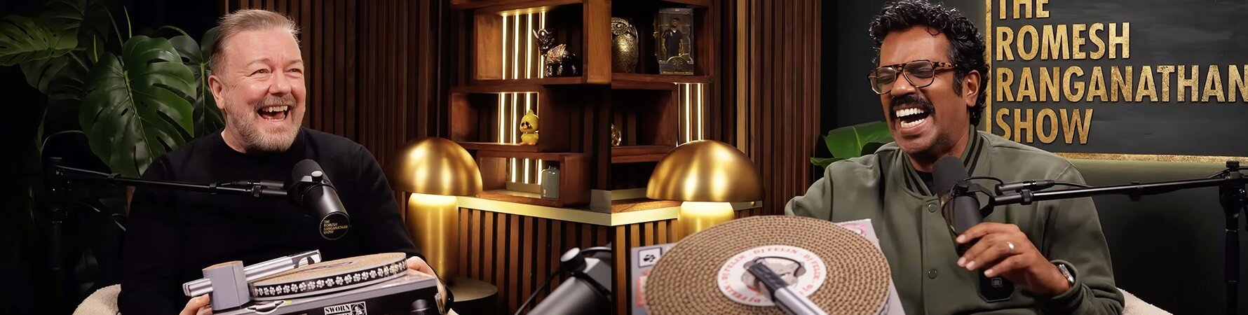 Ricky Gervais laughing with the Cat Scratch Turntable gift on The Romesh Ranganathan Show