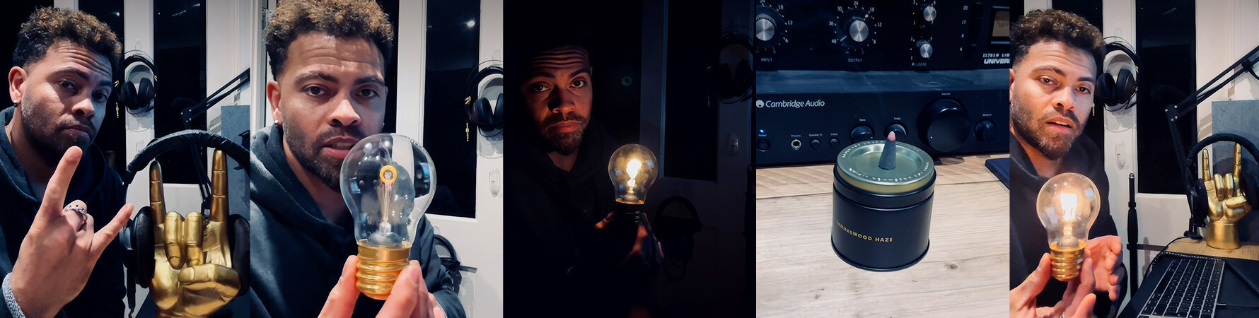 Lukas Setto reviewing music gifts in his recording studio including headphone stand light and incense