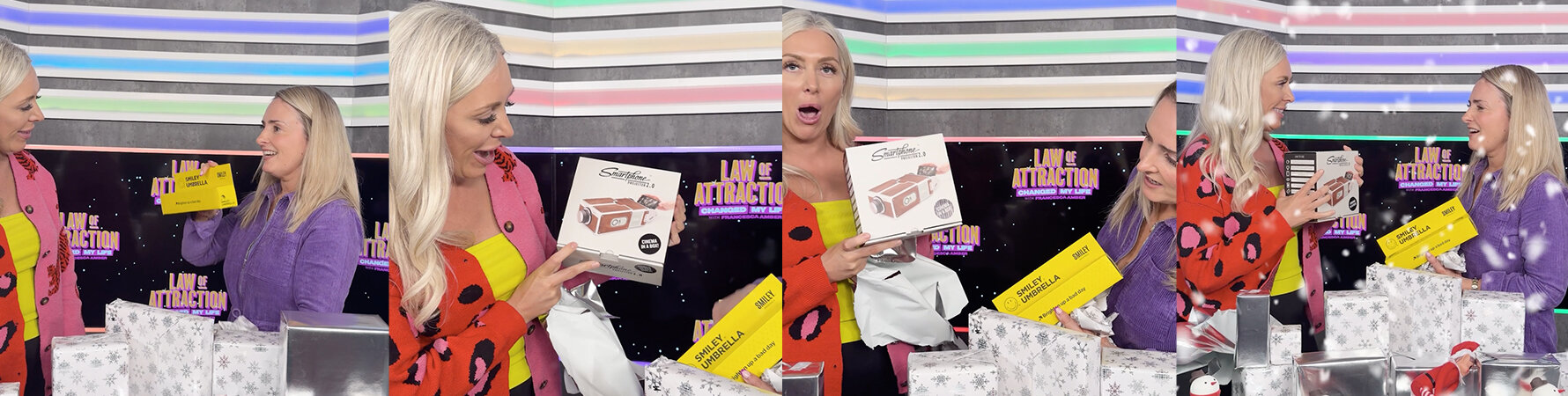 Francesca Amber from Law of Attraction Changed My Life reacting to the SUCK UK Smartphone Projector 2.0 gift at LaunchPod Studios