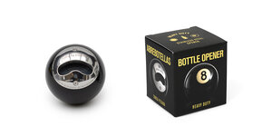 Suck UK eight ball bottle opener displayed beside its black gift box packaging