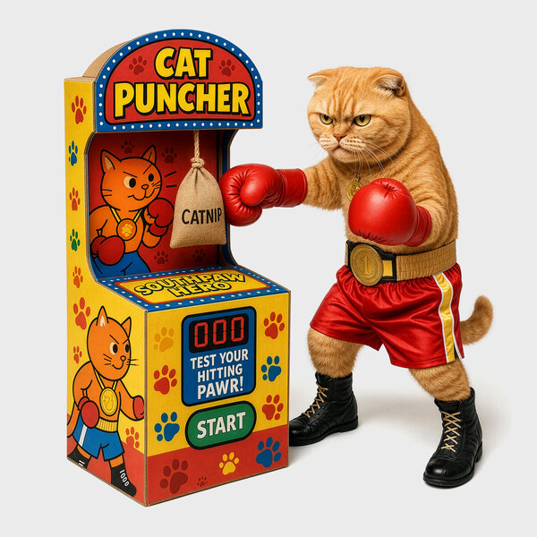 Cat Punch Bag | Cardboard arcade strength test.