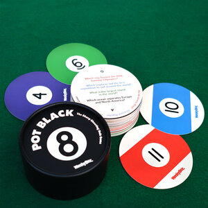 Pot Black, pool table game, trivia cards, coloured pool balls, family card game