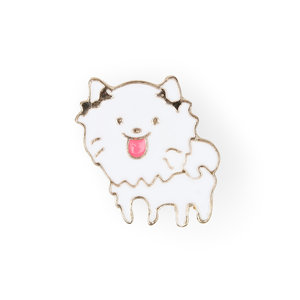 Sweet white dog enamel pin with ear bows and pink tongue